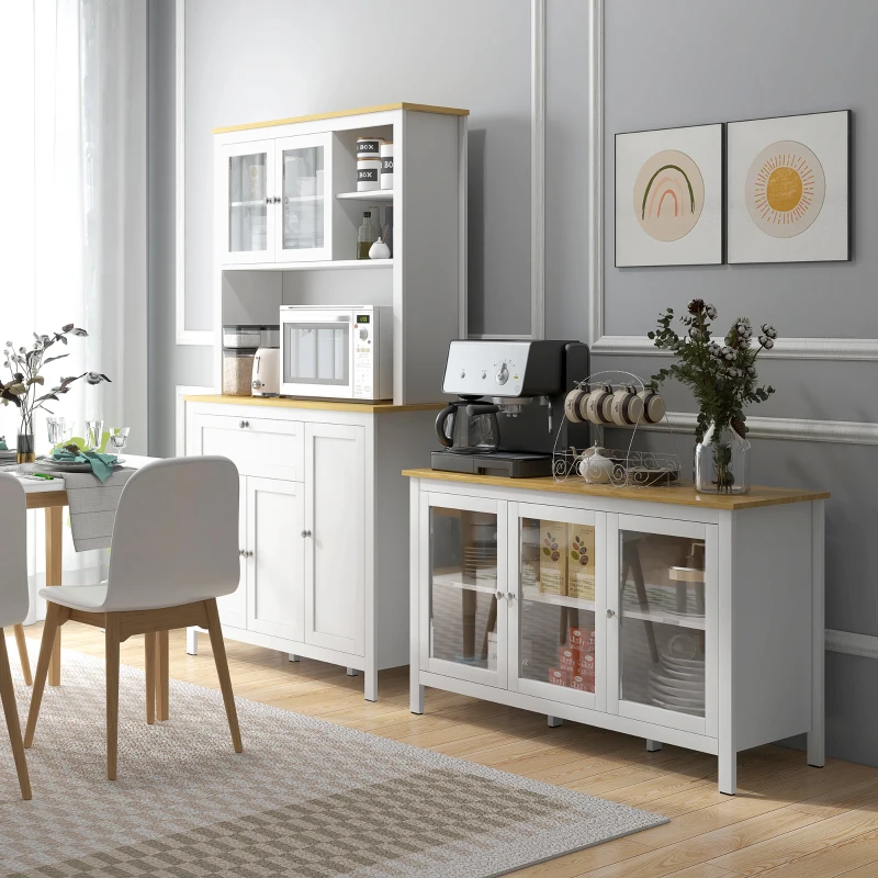 HOMCOM Buffet de cuisine haut + meuble bas de rangement - portes vitrées, étagères réglables, tiroir, niche et passe-câble - blanc, bois naturel