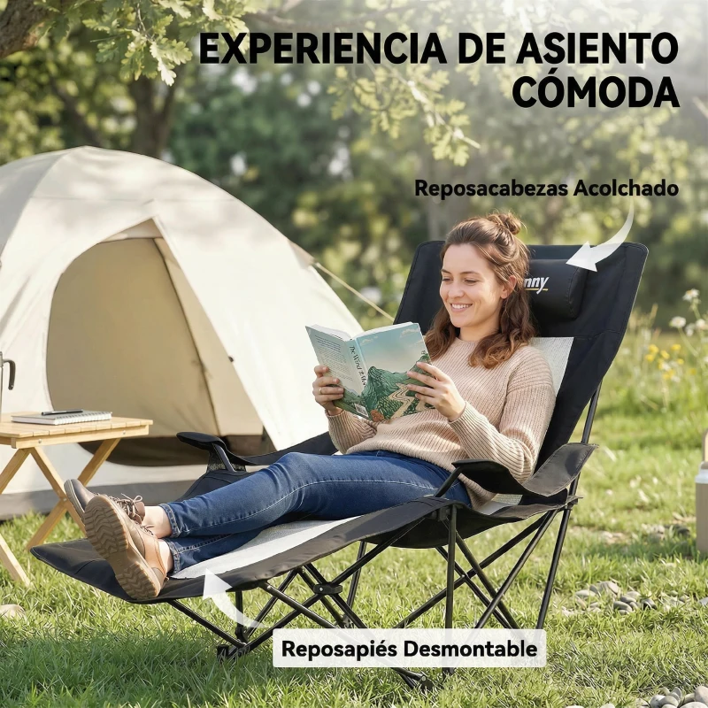 Outsunny Conjunto de 2 Sillas Plegables Camping Reclinables con Reposapiés Desmontable Reposacabezas Portavasos y Bolsa Negro