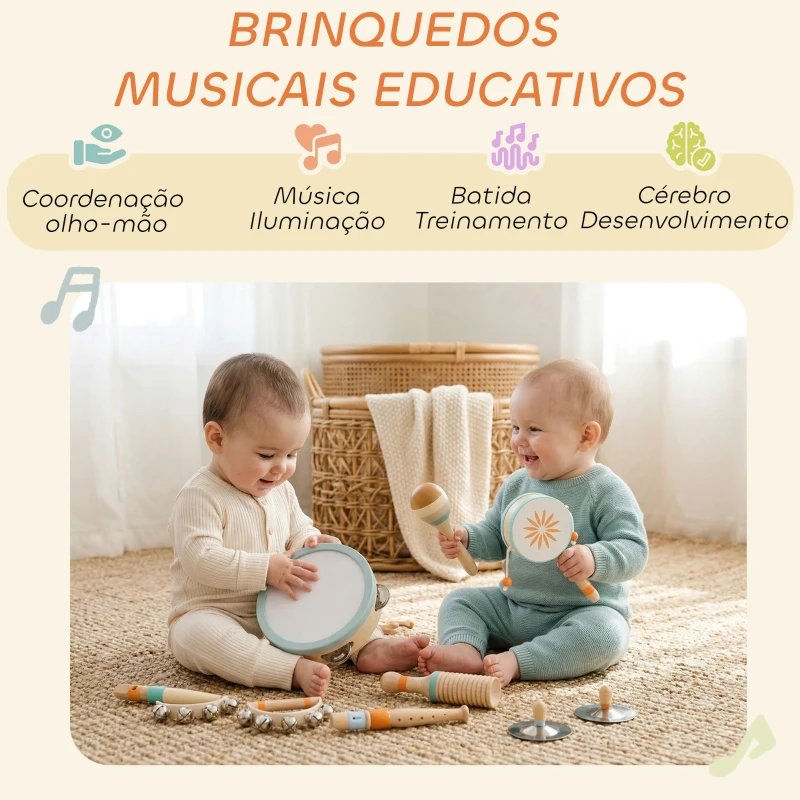 AIYAPLAY Instrumentos Musicais Infantis 10 Peças Brinquedos Musicais de Madeira Montessori Conjunto de Percussão Multicolorido