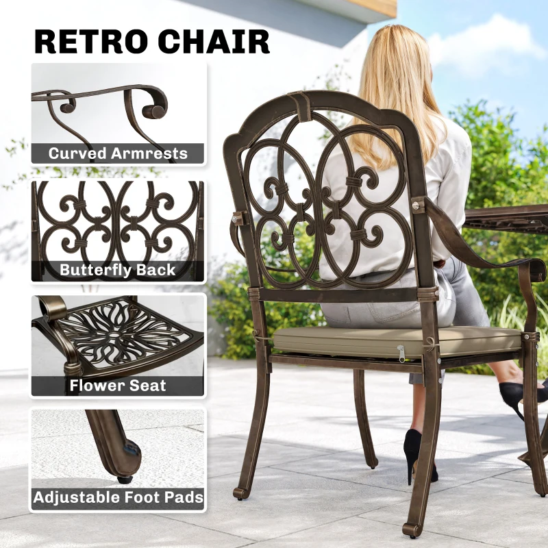 Outsunny 9 Piece Cast Aluminium Garden Dining Set, Garden Table and Chairs Set with Cushions, Parasol Hole for Patio, Bronze Tone