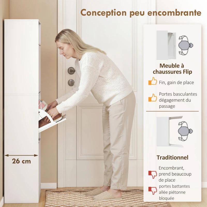 HOMCOM Meuble à chaussures 18 paires, armoire à chaussures étroite, 3 tiroirs rabattables, étagères réglables, blanc