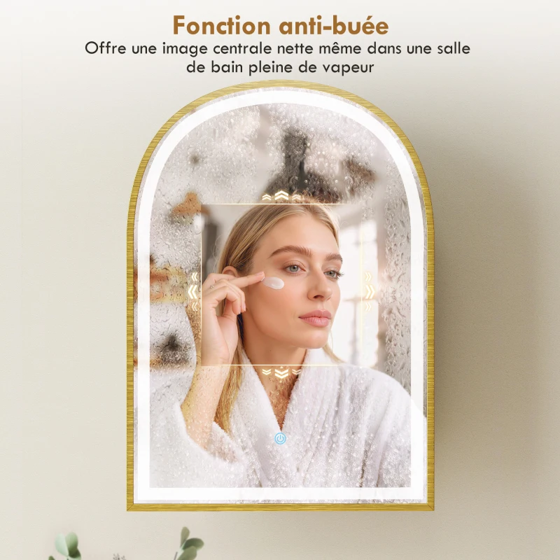 HOMCOM Armoire murale salle de bain avec miroir et éclairage LED, porte arquée, anti-buée, 50x14,5x70cm, doré