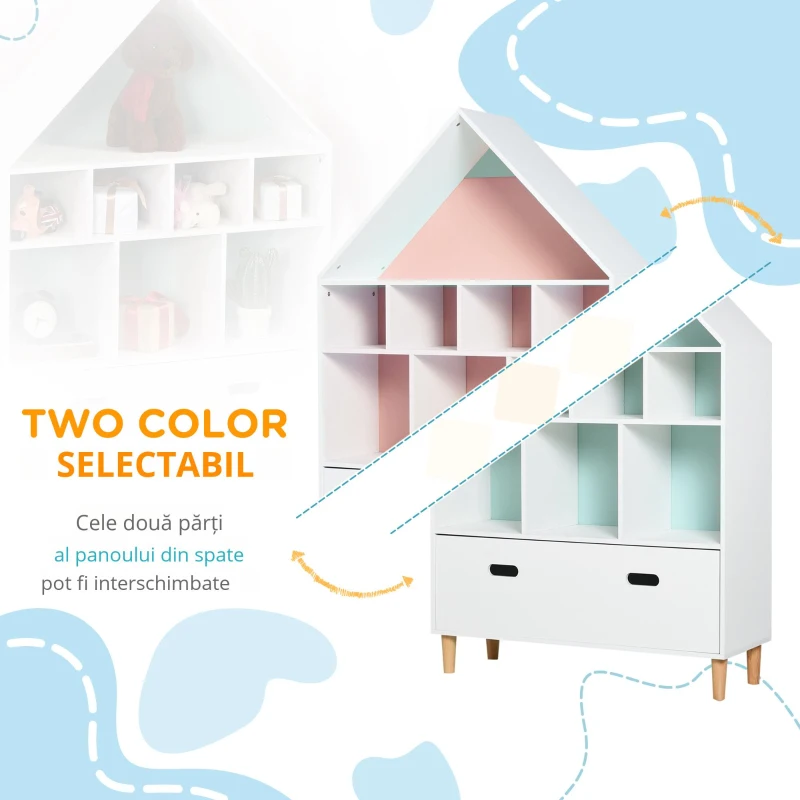 HOMCOM Etajeră Organizator pentru Copii cu Compartimente, Bibliotecă pentru Cărți și Jucării, Alb