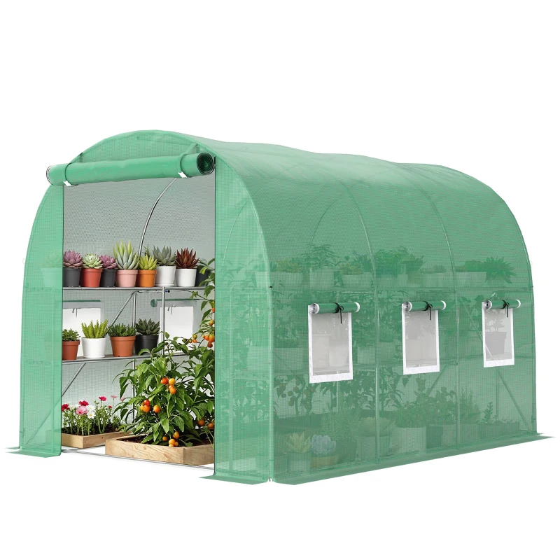 Outsunny Walk-in Greenhouse with Shelves, Polytunnel Greenhouse with Roll-Up Door, 6 Mesh Windows,198 x 275 x 191 cm, Green