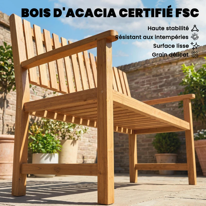 Outsunny Banc de Jardin Banquette de Terrasse 2 Places Charge Max. 320kg Accoudoirs 112 x 64 x 92 cm Bois d'Acacia Naturel