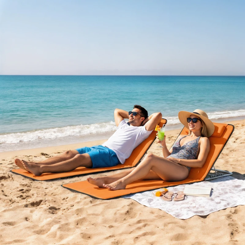 Outsunny Set of Two Metal Frame Beach Chairs, with Reclining Backs - Orange