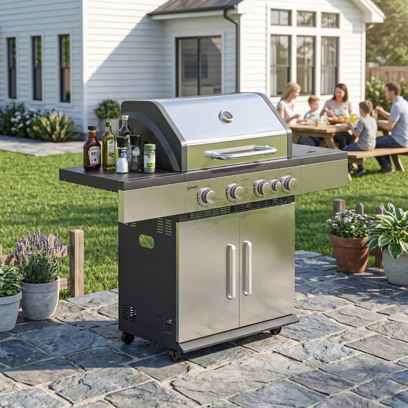 Outsunny 4+1 Burner Gas BBQ Grill, Portable Gas Barbecue Grill with Side Burner, Warming Rack, Side Shelf, Storage Cabinet