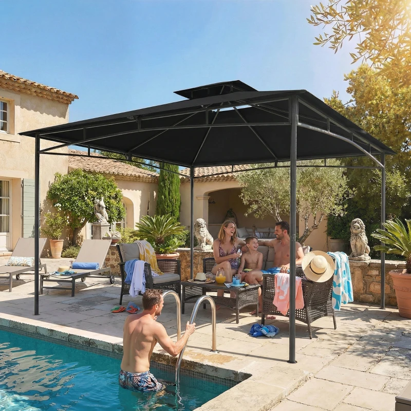 Outsunny 3 x 3 m Gazebo, Garden Gazebo with 2-Tier Roof, Metal Frame, Black