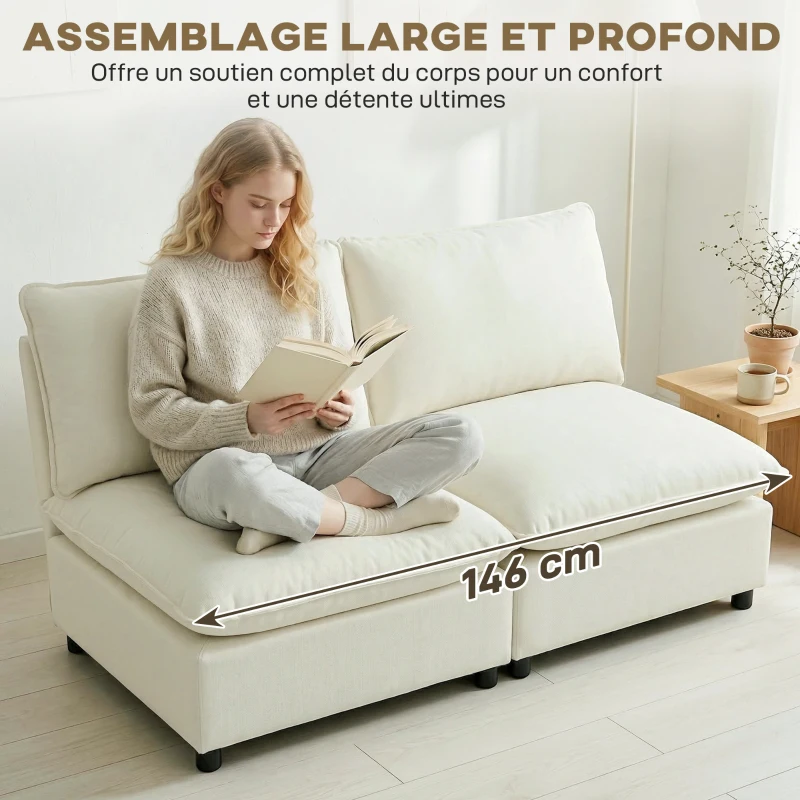 HOMCOM Canapé 2 places modulable, canapé de salon moderne 146 cm sans accoudoirs avec assise large, coussins épais, crème