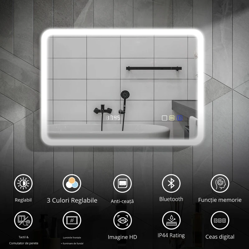 HOMCOM Oglindă de Baie cu Leduri 70x50 cm cu Bluetooth 3 Culori de Lumină Ceas Digital Funcție Anticeață Funcție de Memorie