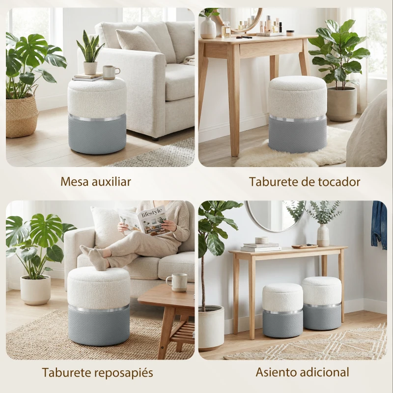 HOMCOM Juego de 2 Puff Almacenaje Tapizados en Chenilla y PU Asiento Acolchado para Pasillo Dormitorio Gris y Crema