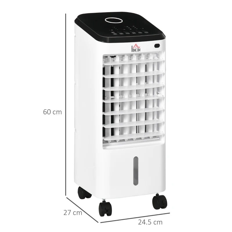 HOMCOM Răcitor Evaporativ 3-în-1, Ventilator, Umidificator cu Gheață și Dezumidificator, 3 Viteze, 3 Moduri și Telecomandă, Timer 12 Ore, 65W din ABS, 24.5x27x60 cm, Alb