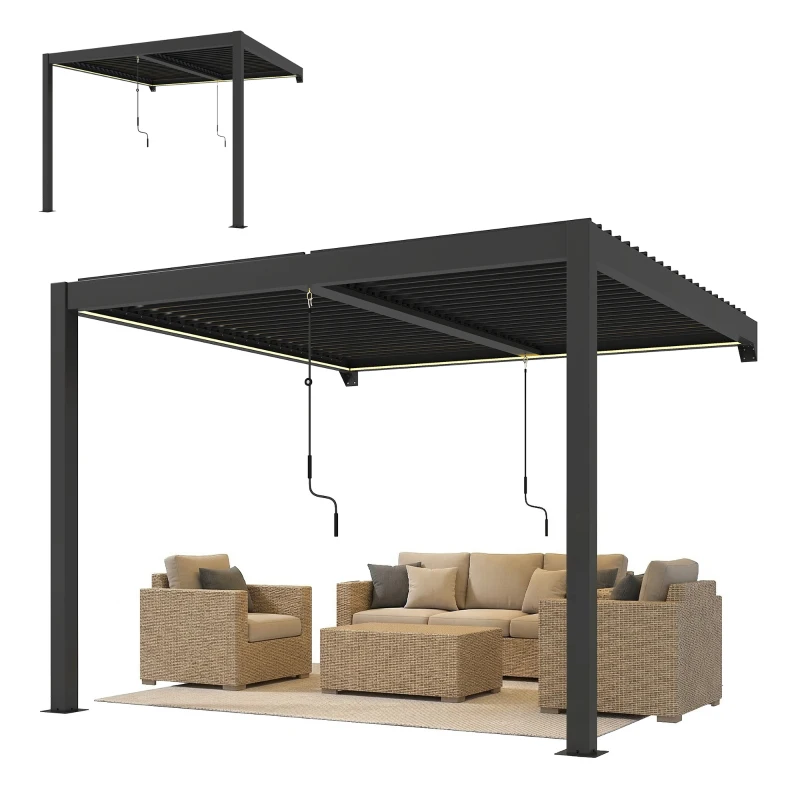 Outsunny 3 x 3 m Louvered Pergola with LED Lights, Metal Louvres, Wall Mounted Aluminium Patio Gazebo Pergola, Dark Grey