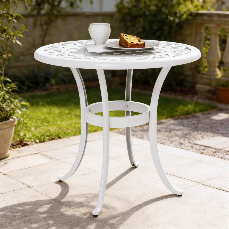 Outsunny 60 cm Round Garden Table, Cast Aluminium Outdoor Patio Table, White