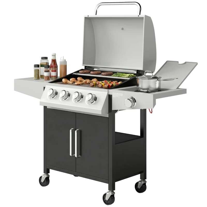 Outsunny 4+1 Burner Gas BBQ Grill with Side Burner, 50000 BTU Steel Portable Gas Barbecue Grill with Built-in Thermometer, Lid