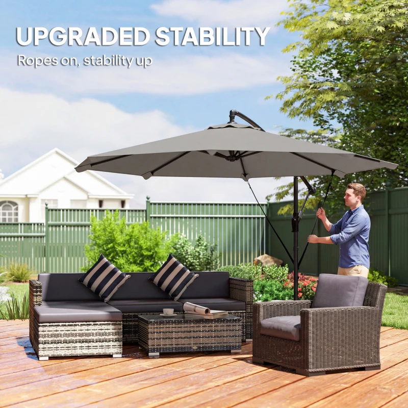 Outsunny 3 m Cantilever Parasol with Protective Cover and Wind Ropes, Banana Parasol with Crank Handle, Light Grey