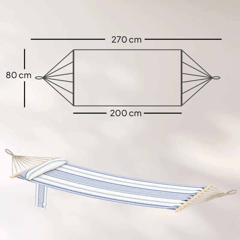 Outsunny Cotton Hammock, Soft Portable Swing Sleeping w/ Headrest & Side Pocket, Blue and White