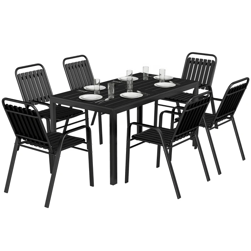 Outsunny 7 Pieces Outdoor Dining Set with Umbrella Hole, Garden Table and Chairs Set for 6 with Metal Table and Stackable Chairs