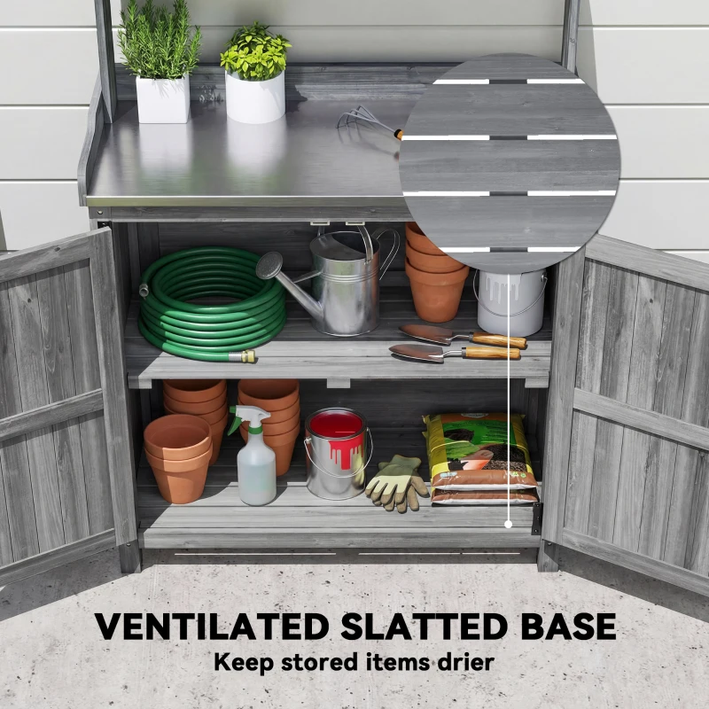 Outsunny Wooden Potting Bench Table with Aluminium Worktop, Outdoor Garden Workbench with Top Shelf and Cabinet Storage