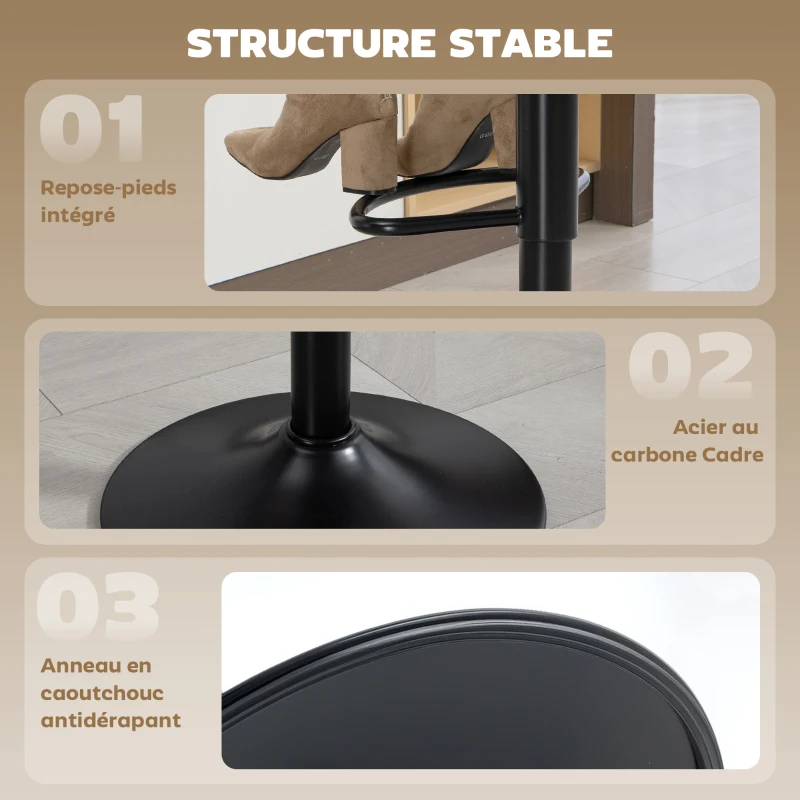 HOMCOM Lot de 2 tabourets de bar, chaises de bar hauteur réglable, dossier et repose-pieds, pivotant 360°, pieds en acier, noir