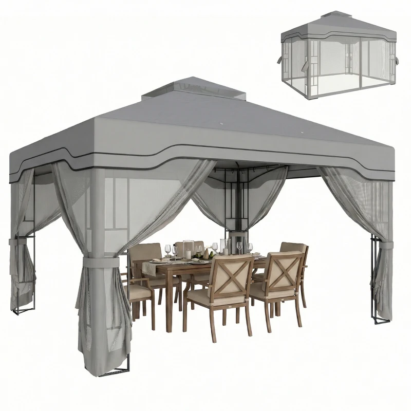 Outsunny 3 x 3.6 m Outdoor Garden Gazebo with Post Shelves, UPF50+ Patio Permanent Pavilion with Hook, Dark Grey