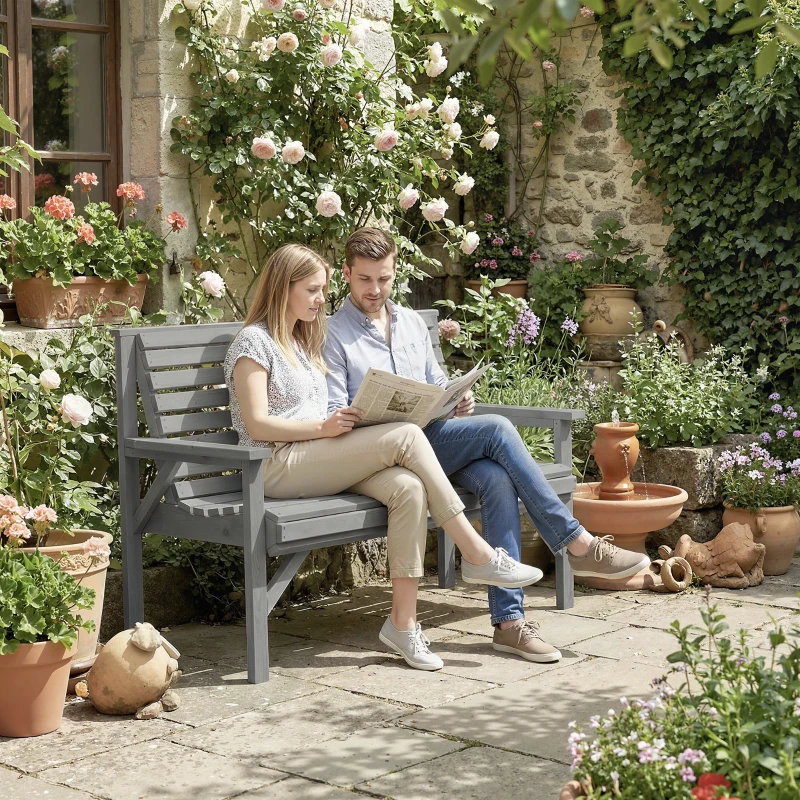 Outsunny 2 Seater Wooden Garden Bench, Slatted Patio Bench with Armrest and Backrest, Outdoor Furniture for Indoor, Balcony