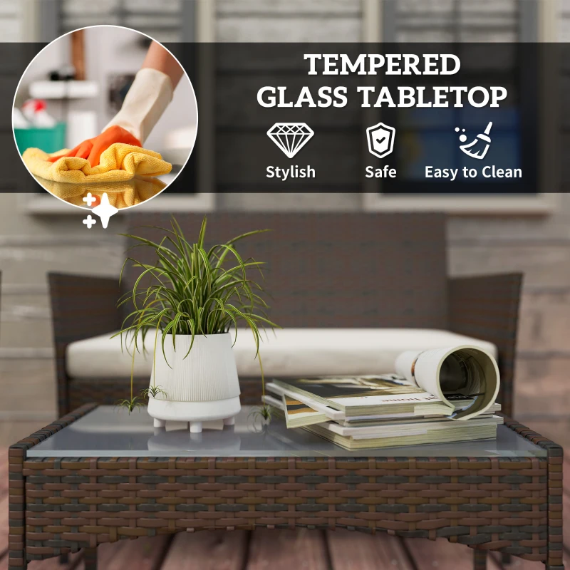 Outsunny 4 Piece Rattan Garden Furniture Sofa Set with Loveseat, Armchairs, Glass-Top Coffee Table and Cushions, Brown