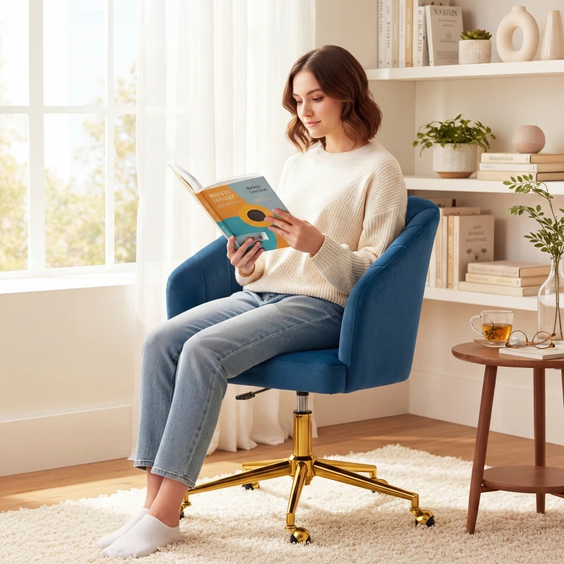 HOMCOM Cadeira de Escritório com Rodas de Veludo com Encosto Acolchoado Altura Ajustável e Espuma de Alta Resiliência Azul