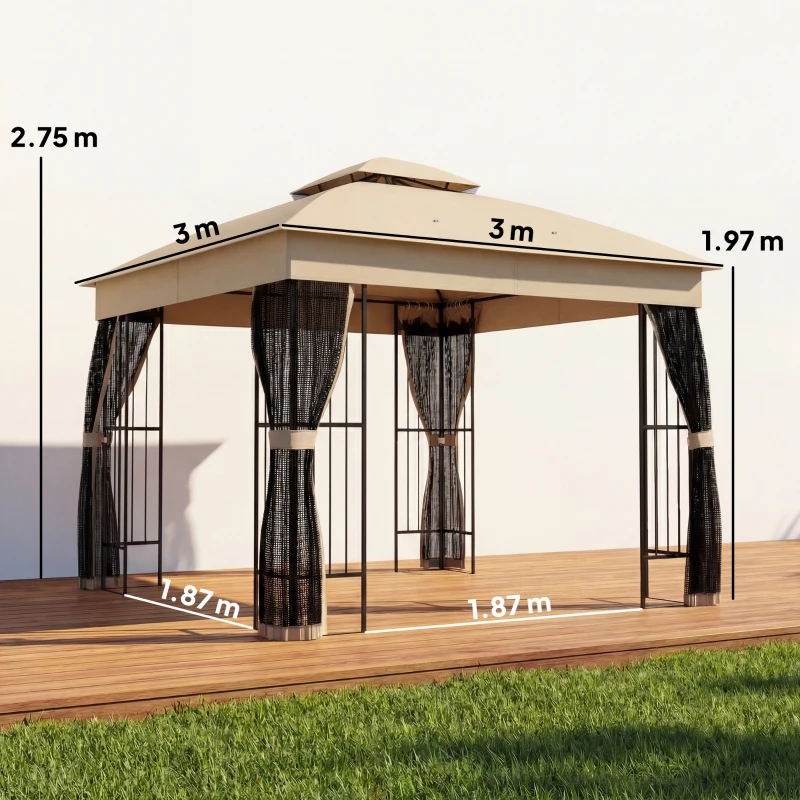 Outsunny 3 x 3 m Outdoor Garden Gazebo with Post Shelves, UPF50+ Double Roof Patio Permanent Pavilion, Brown