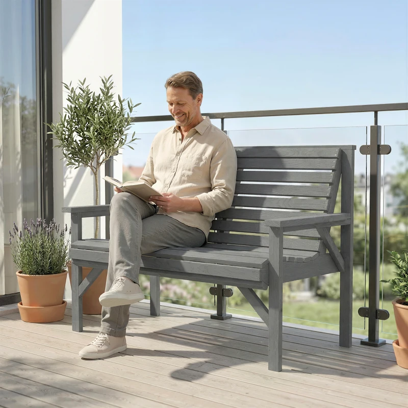 Outsunny 2 Seater Wooden Garden Bench, Slatted Patio Bench with Armrest and Backrest, Outdoor Furniture for Indoor, Balcony