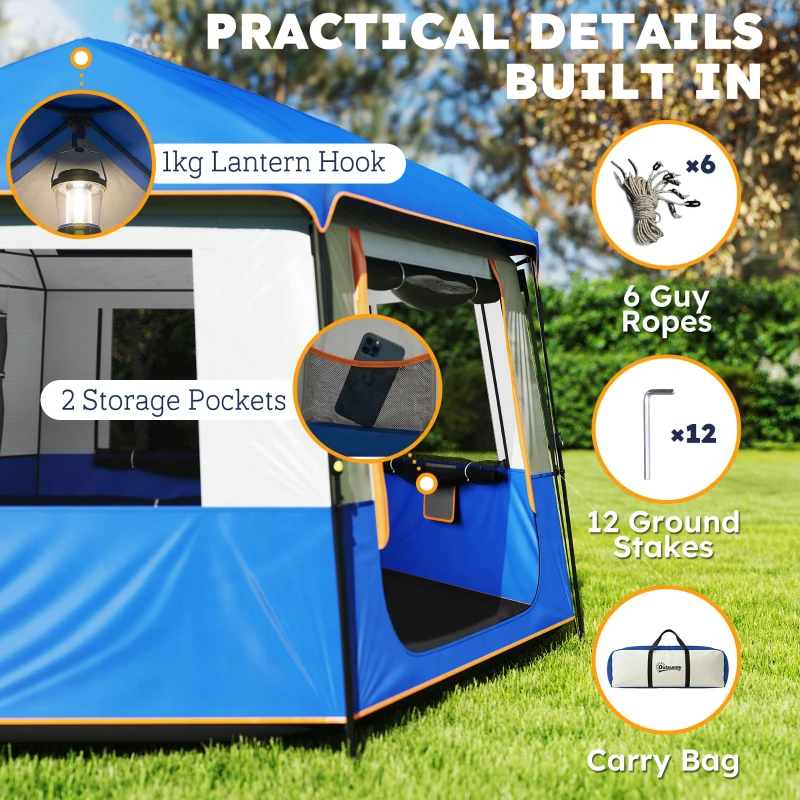 Outsunny Cabin Tent Easy Setup 3000mm Waterproof Camping Tent 4 Person with Carrying Bag Blue