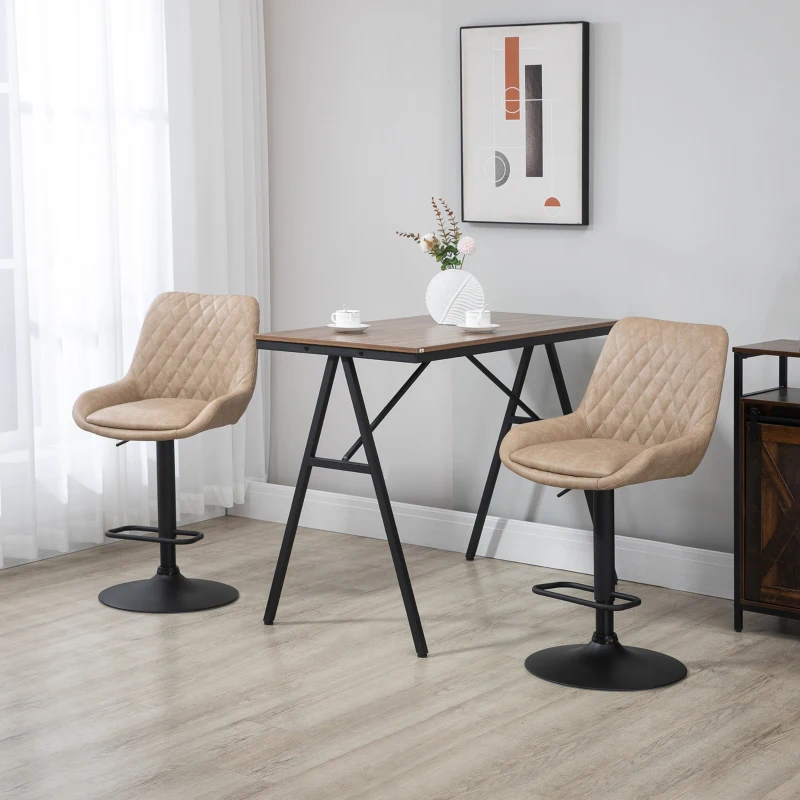 HOMCOM Retro Bar Stools Set of 2, Adjustable Kitchen Stool, Upholstered Bar Chairs with Back, Swivel Seat, Light Khaki