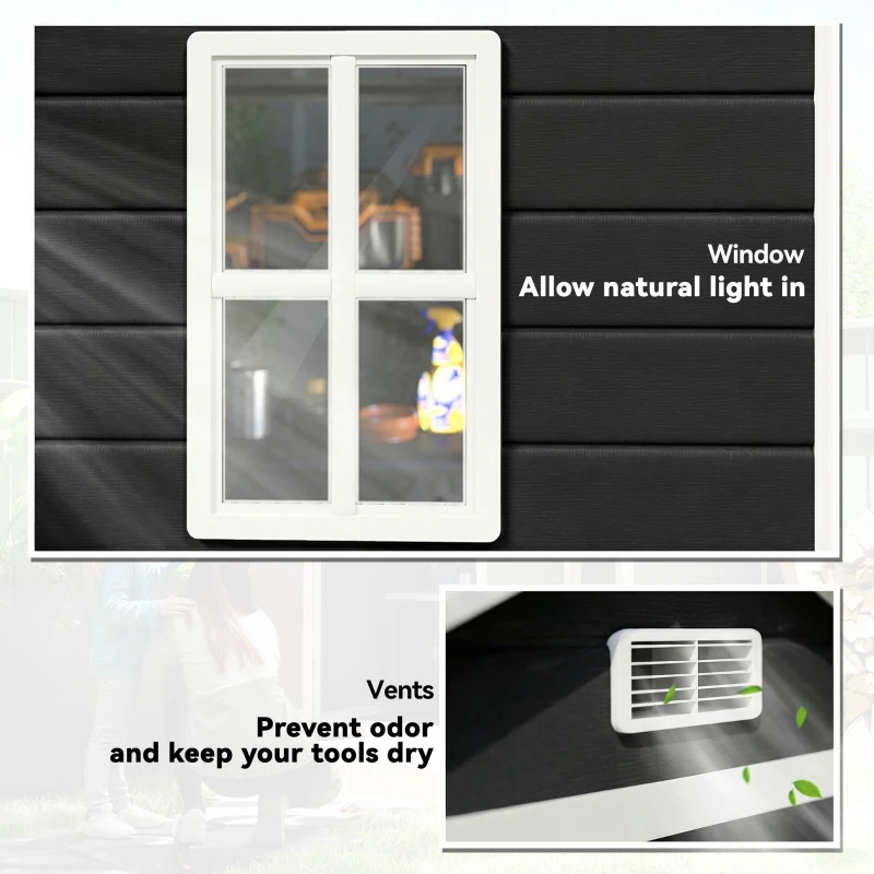 Outsunny 6'x4.5' Garden Storage Shed, Lockable Garden Shed with Double Doors, Window, Vent and Plastic Roof, Black