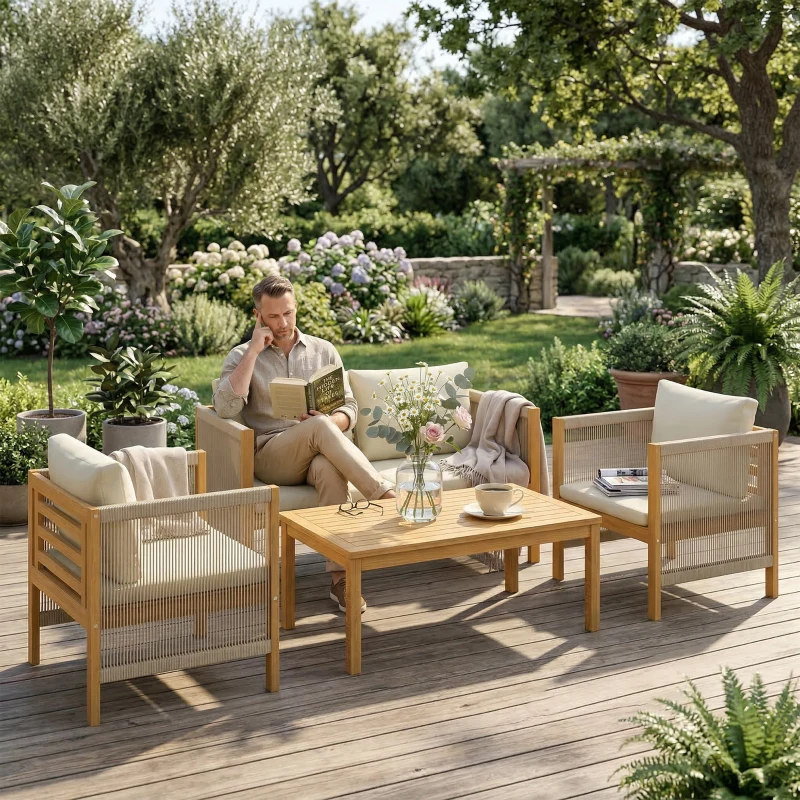Outsunny Conjunto de Muebles de Jardín de 4 Piezas con Sofá 2 Plazas 2 Sillones Mesa de Madera Cojines y Cuerda PP Beige