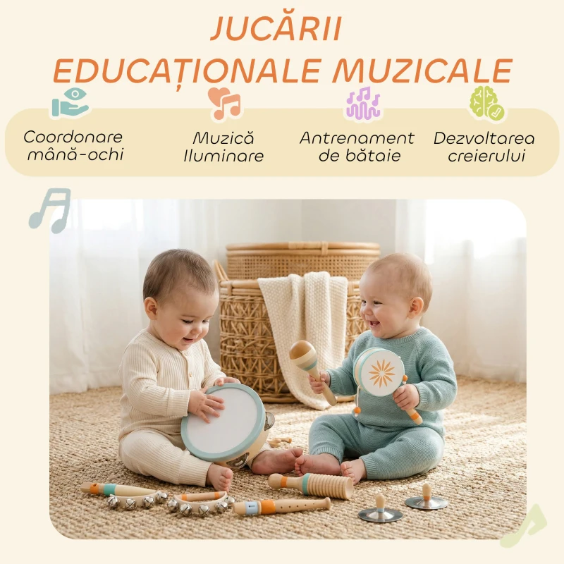 AIYAPLAY Instrumente Muzicale pentru Copii, Jucării Muzicale Montessori din Lemn pentru Copii 3+, Set de Percuție cu Tamburină și Maracas, Cadou pentru Fete și Băieți