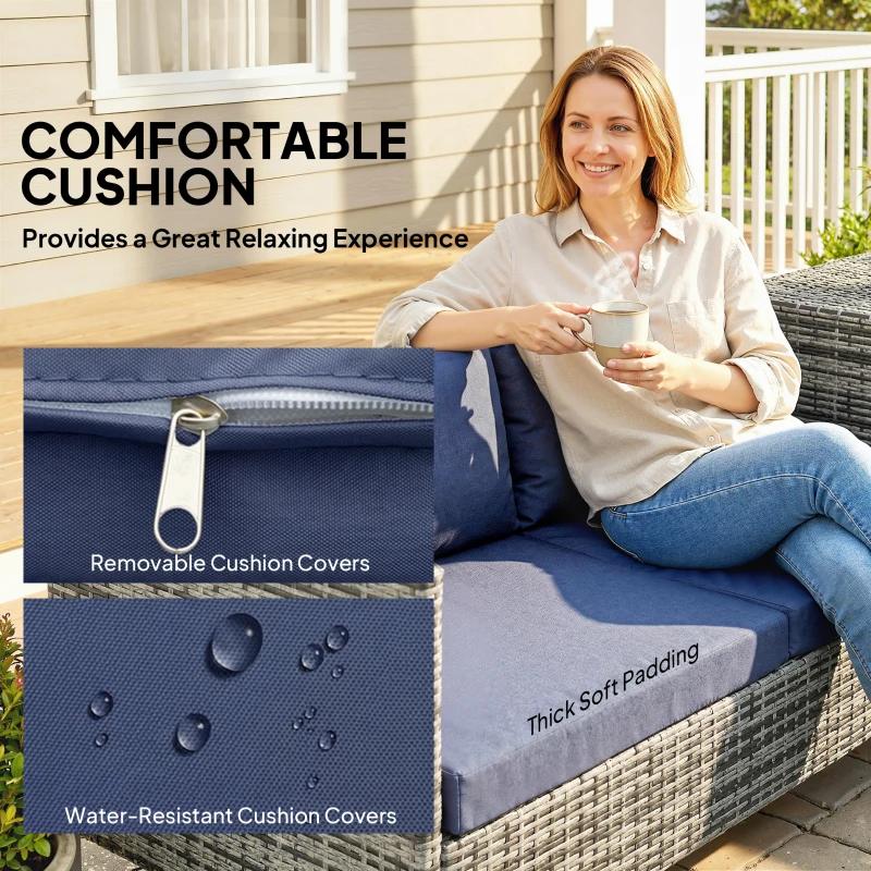 Outsunny 4 Piece Rattan Garden Furniture Set, Outdoor Corner Sofa Set with Storage Table, Loveseats, Cushions - Dark Blue