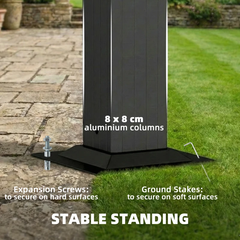 Outsunny 3.6 x 3 m Lean to Garden Pergola with PC Roof, Aluminium Frame Hardtop Gazebo Pergola with Drainage Gutters, Dark Grey