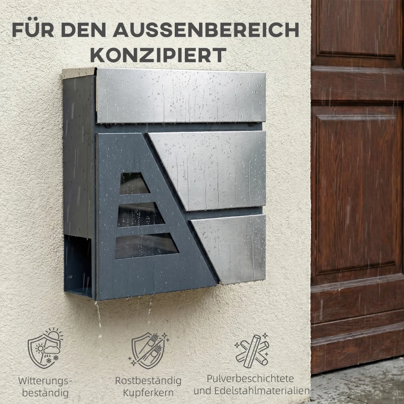 HOMCOM Briefkasten Wandmontage Wetterfest mit Zeitungshalter und 2 Schlüsseln für Außenwand, Dunkelgrau