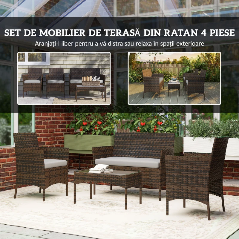Outsunny Set Mobilier de Grădină din 4 Piese cu Canapea, 2 Fotolii și Măsuță de Cafea, 102x58x82 cm, Maro