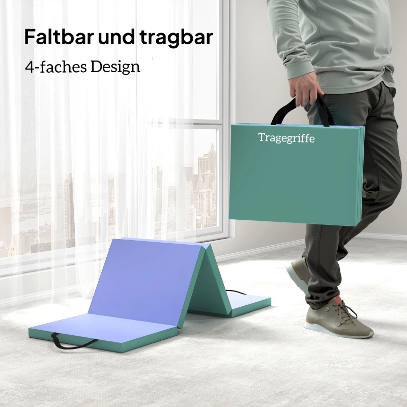 SPORTNOW Trainingsmatte Faltbare Fitnessmatte mit Griff Sportmatte für Yoga Fitness Synthetikbezug 180 x 60 x 5 cm Grün+Lila