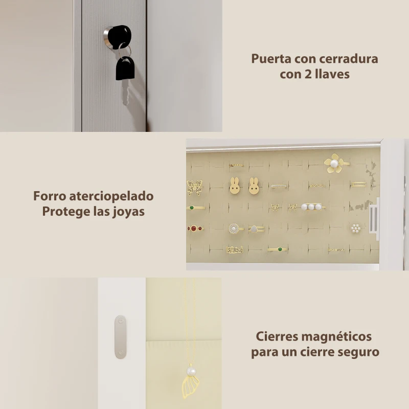 HOMCOM Espejo Joyero con Luz LED Montado en la Pared o en la Puerta con Cerradura Espejo Entero 2 Cajones Blanco