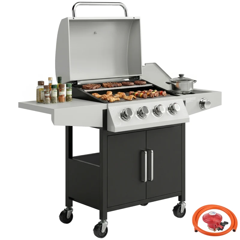 Outsunny 4+1 Burner Gas BBQ Grill with Side Burner, 50000 BTU Steel Portable Gas Barbecue Grill with Built-in Thermometer, Lid