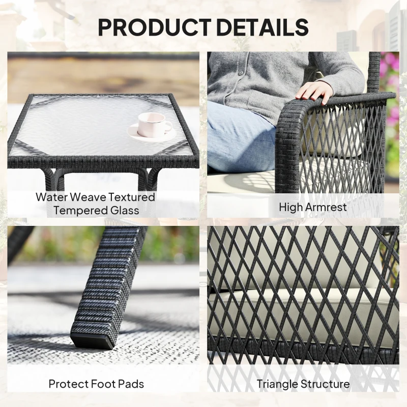 Outsunny 3 Pieces Rattan Bistro Set with Glass Top Coffee Table, Chairs and Cushions for Outdoor, Patio, Balcony, Cream