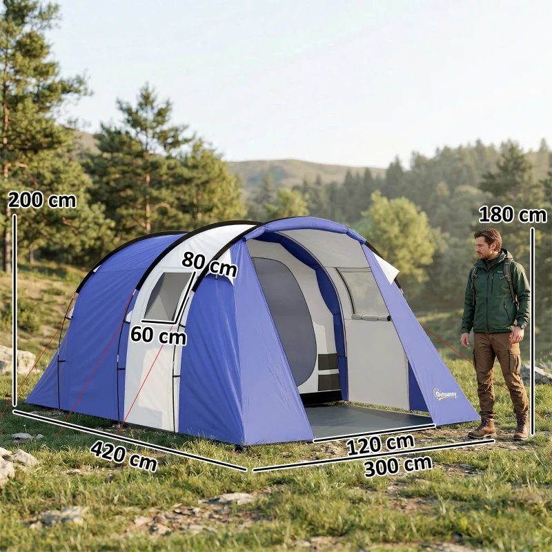 Outsunny Tienda de Camping para 4 Personas, 2 Habitaciones, Impermeable 3000 mm, con Suelo y Bolsa, 420x300x200cm, Azul Oscuro