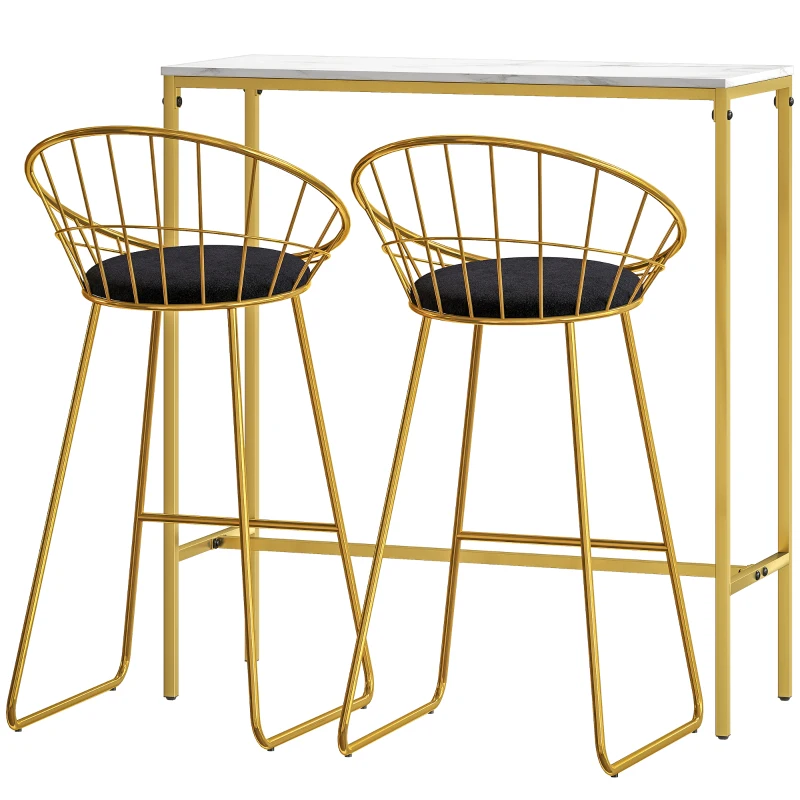 HOMCOM Ensemble table de bar avec tabourets table à manger debout avec 2 chaises pieds en acier 100 x 40 x 107 cm doré