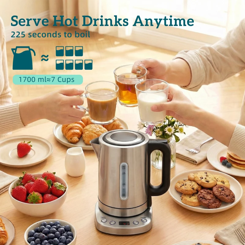 HOMCOM Electric Kettle, 1.7L, Fast Boil, 3kW Water Kettle with UK Strix Thermostat, Keep Warm Function, LCD Base, Silver Tone
