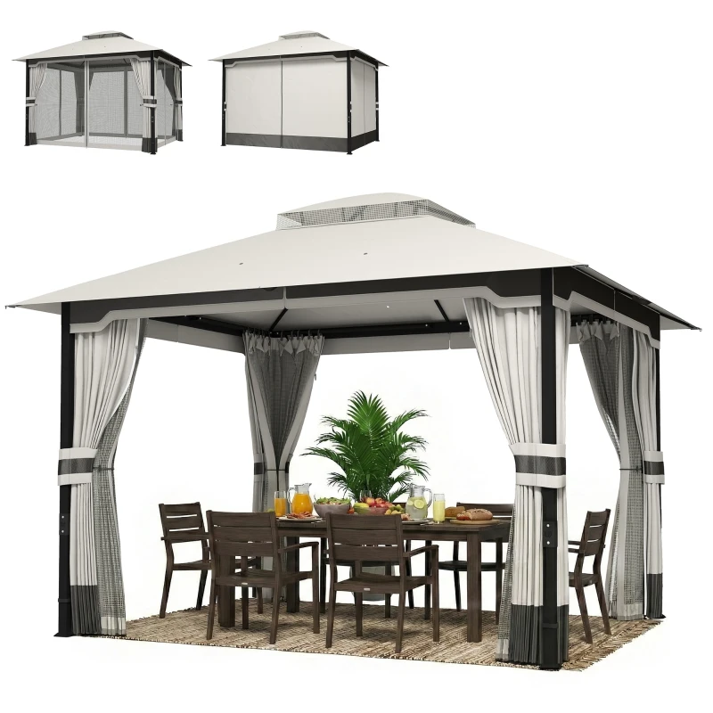 Outsunny 3 x 3.6 m Outdoor Garden Gazebo with Netting and Curtains, Double Roof Patio Gazebo Permanent Pavilion, Light Grey