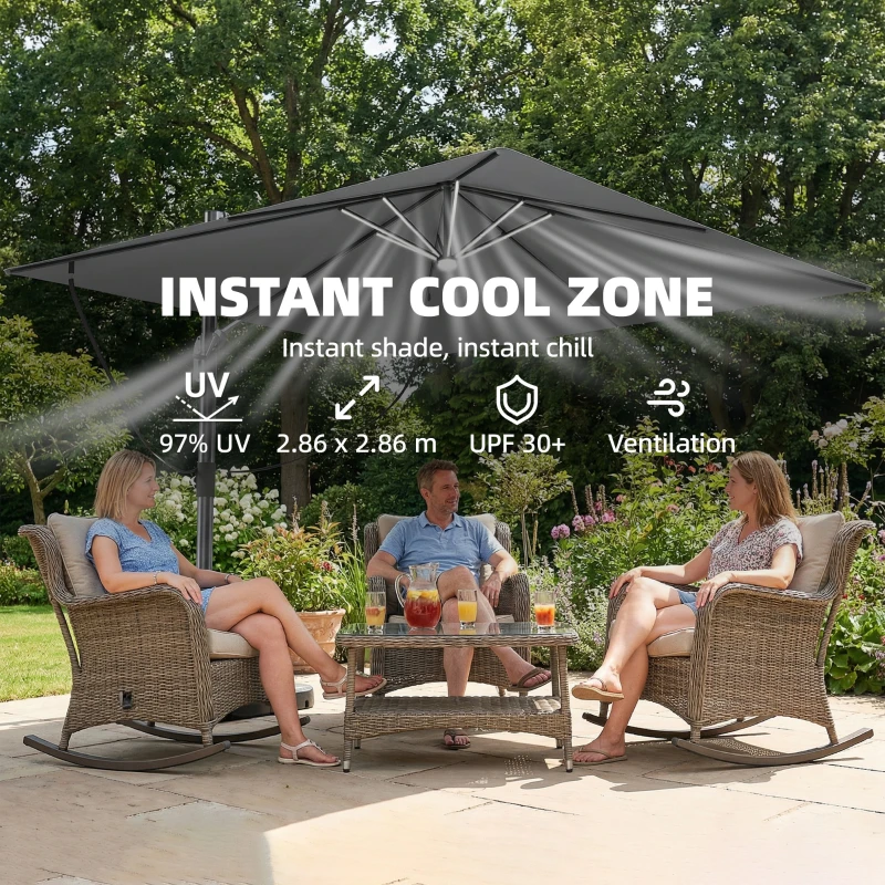 Outsunny 3 x 3 m Garden Cantilever Parasol with Light, Cover, Overhanging Umbrella w/ Wind Protection, 360° Rotation, Light Grey