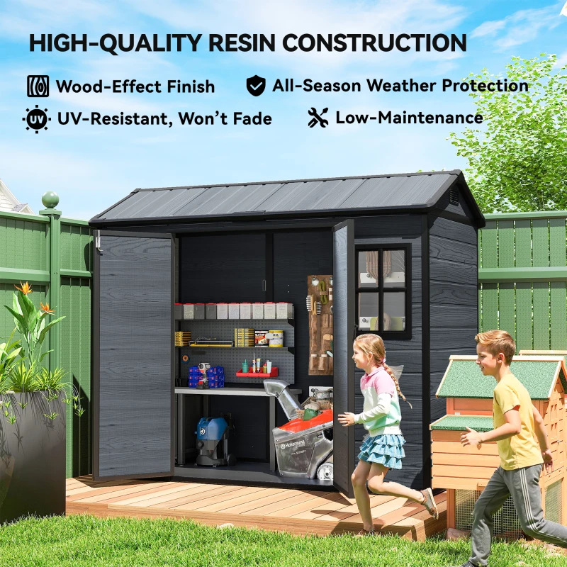 Outsunny 8 x 4 ft Resin Garden Shed, Wood-Effect Outdoor Storage Shed with Floor, Windows, Lockable Doors and Vents, Dark Grey
