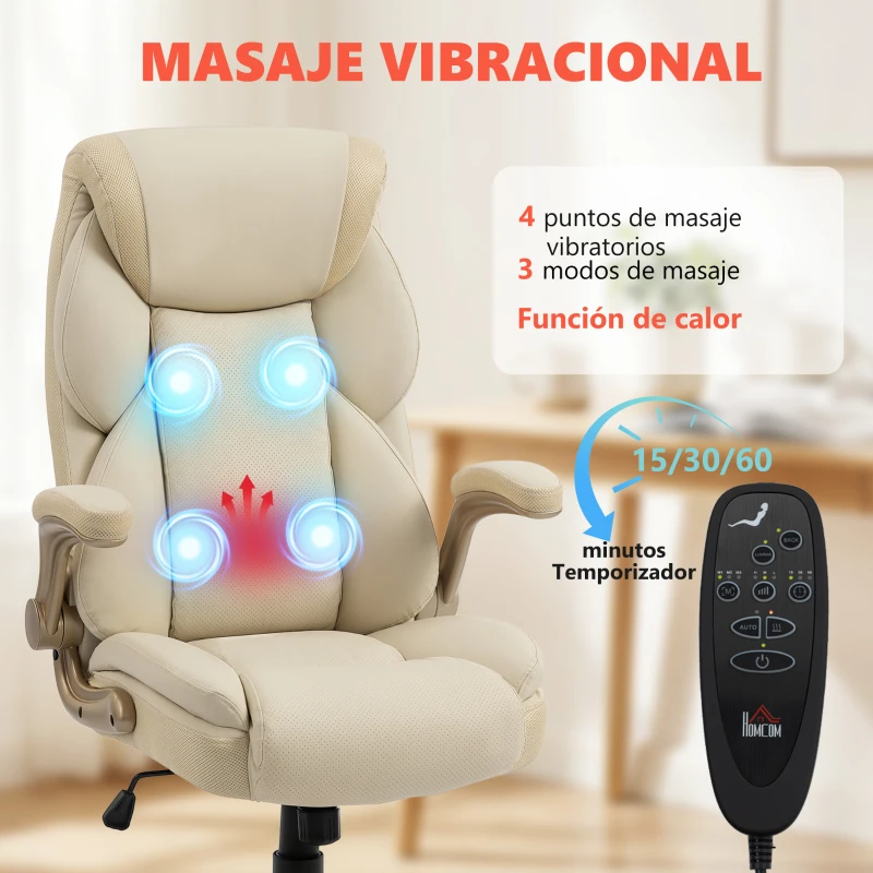 HOMCOM Silla de Oficina con Masaje Vibratorio de 4 Puntos Calor Lumbar Brazos Abatibles Respaldo Alto Altura Ajustable Crema